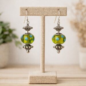 Lampwork Green Polka Dot Glass Dangle Earrings Silver Tone
